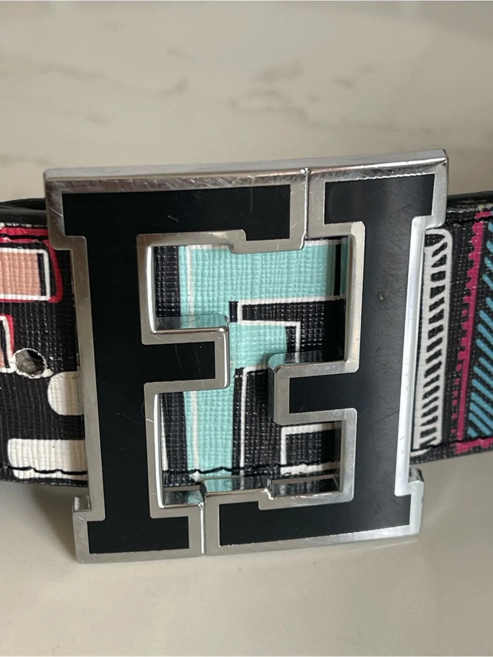 Fendi Black Leather Belt with Multicolor FF Logo and Silver Double F Buckle